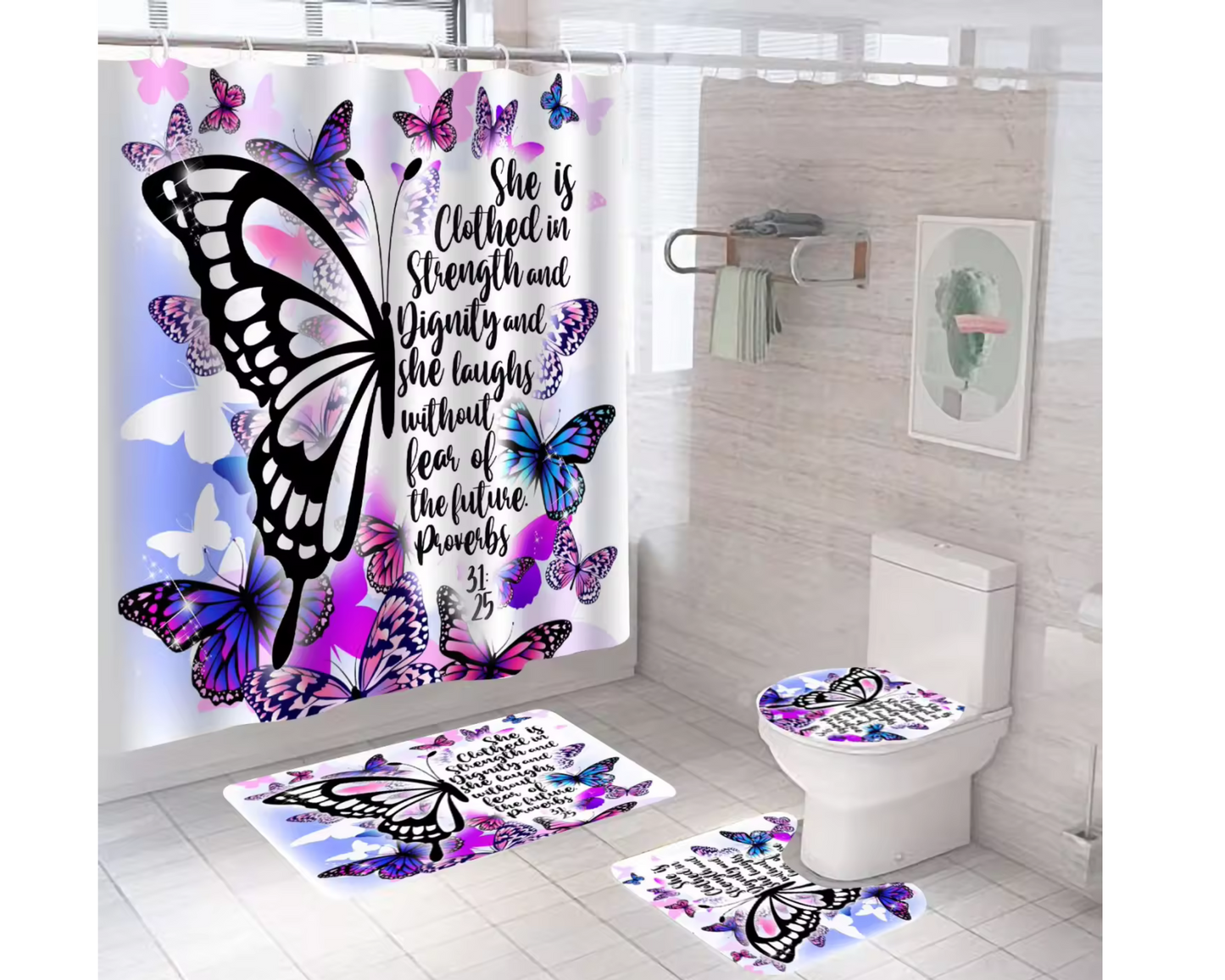 She Is Clothed In Strength and Dignity| Bible Verse| Bathroom Set
