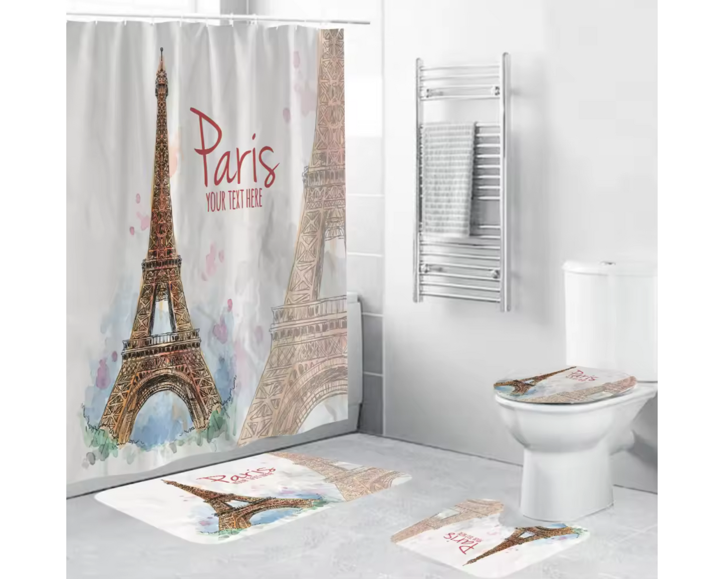 Paris Your Text: Shower Curtain and Rug Set