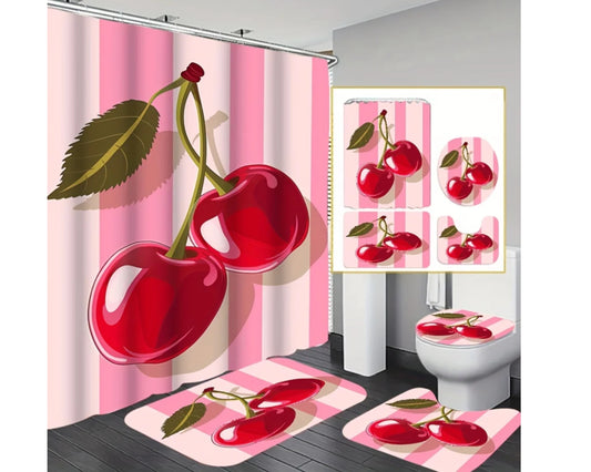 Cherry Curtain and Rug Bathroom Set