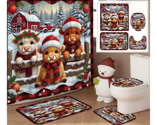 Highland Cow Tree Plaid Farmhouse Bathroom Set